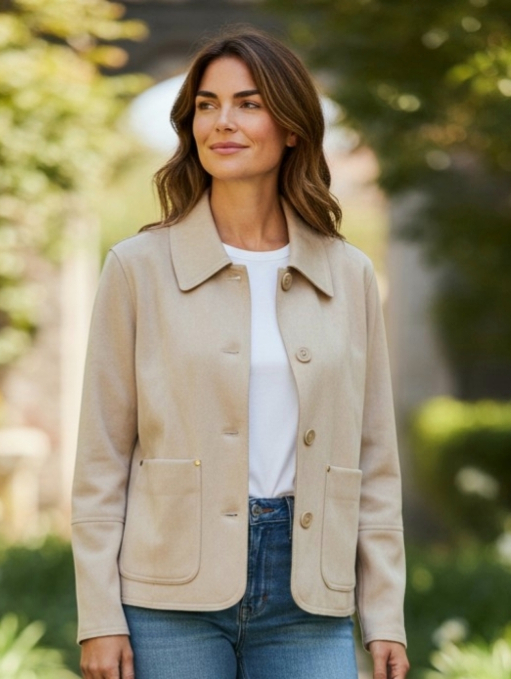 Industry Women's Tan Button-Front Suede Jacket with Patch Pockets